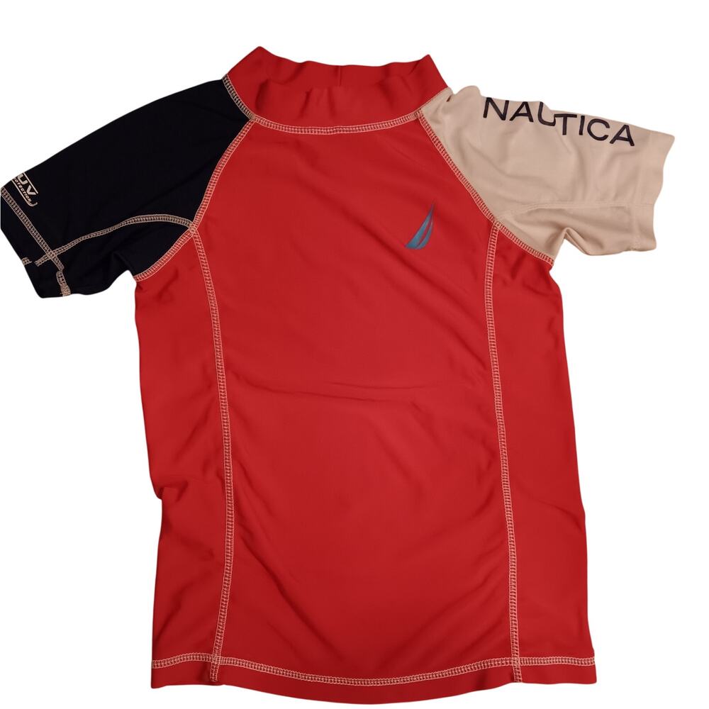 Nautica Swim Shirt Top Boys M (5/6) Orange Blue White Short Sleeved EUC
